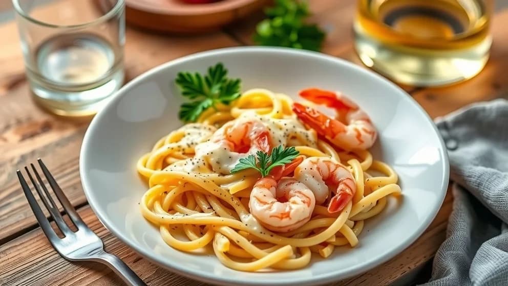 Pasta med räkor och vitlök grädde